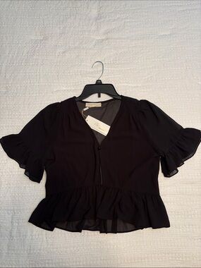 Sheer Black Ruffled Short-Sleeve cropped top